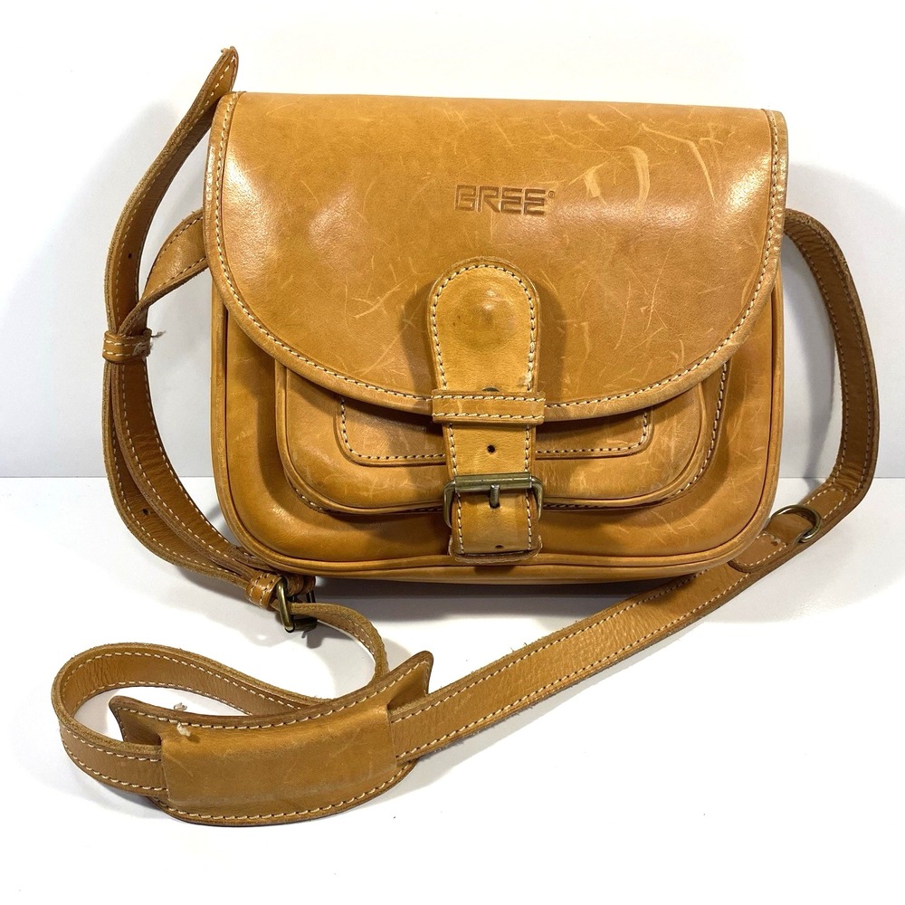 BREE Shoulder Bag Tan Brown Leather Logo Embossed Crossbody Saddle Bag Vintage